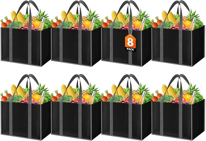 WISELIFE Reusable Grocery Bags with Handles, Foldable, 35L, 8 Pack, Black | Large Shopping Bags with Reinforced Stitching, Water-Resistant Grocery Totes for Kitchen, Market, Car Trunk, Picnic by WiseLife