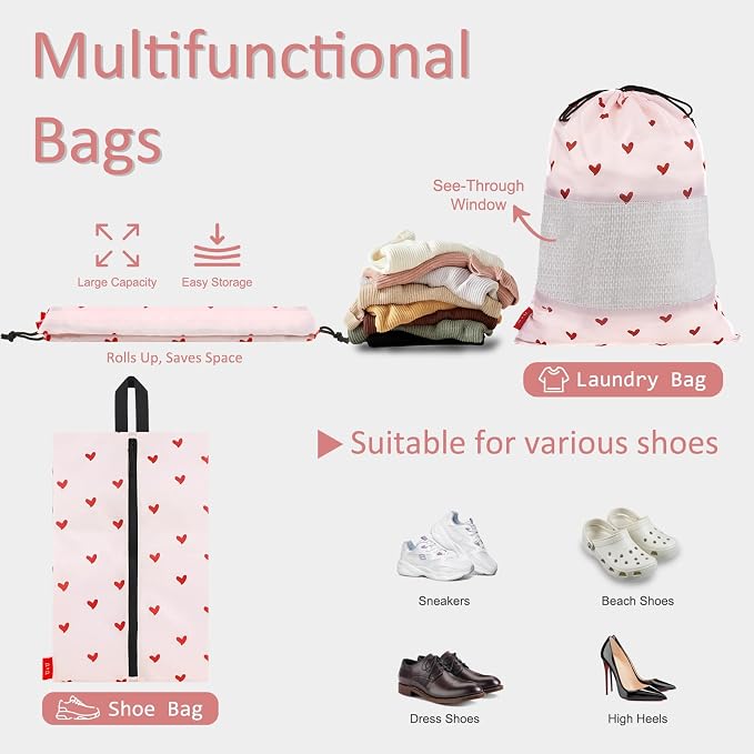 U+U 5 Set Packing Cubes, Travel Organizers with Shoe Bag (Sweetheart Pink) | Ultralight Design & Easy Travel Organization - Image 4