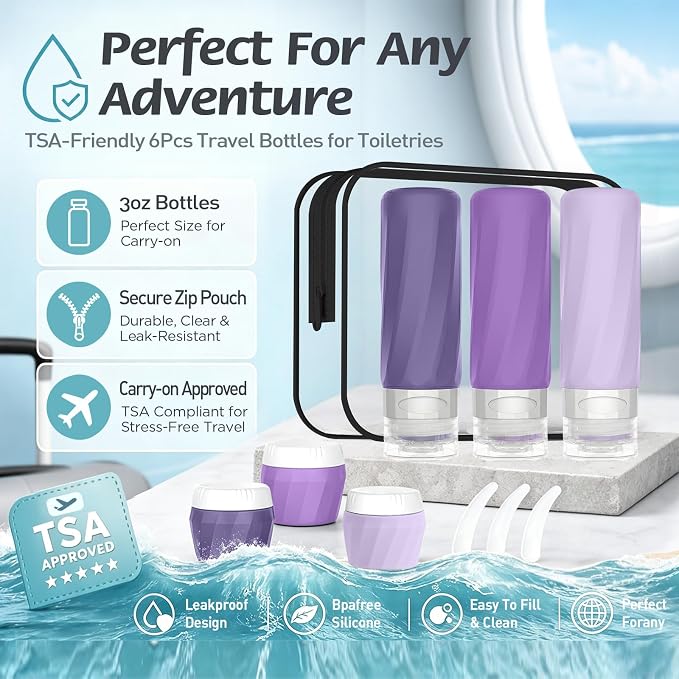 6Pcs Travel Bottles for Toiletries, Silicone Travel Size Containers Set | TSA Approved BPA-FREE Silicone Leak Proof Refillable Bottles and Jars, Women & Men Airplane Cruise Essentials Kit (PURPLE) - Image 3