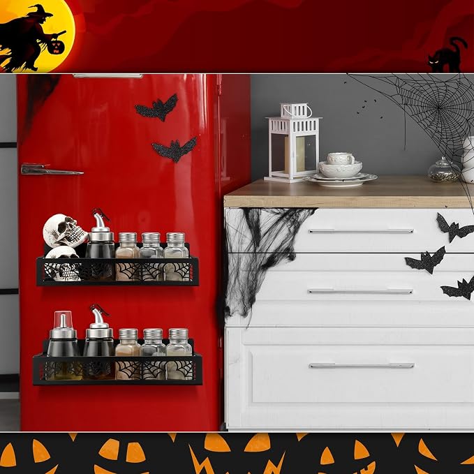 Beeveer 2 Pcs Magnetic Spice Rack for Refrigerator, Black Spider | Halloween Gothic Kitchen Decor, Spooky Home Accessories, 2 Sizes Metal Storage Shelf for Fridge Spices, No Drilling - Image 5