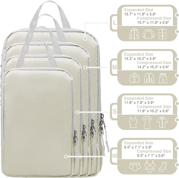 WOOMADA Compression Packing Cubes for Suitcases Travel Essentials 4 Set Expandable Travel Bags Organizer for Luggage(ivory) - Image 3