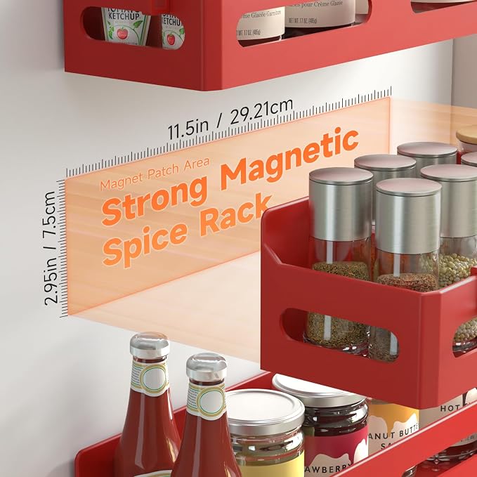 4-Pack Magnetic Spice Rack for Refrigerator with Hooks, Red | Strong multipurpose magnetic shelf for kitchen & bathroom organization. Includes 4 removable hooks for hanging items. - Image 2