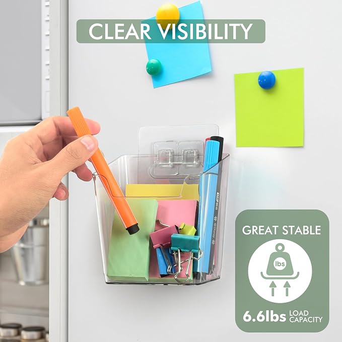 Clear Adhesive Wall Storage Bins 4-Pack Cabinet Door Organizer Cups(Medium) | Clear PET Hanging Wall Mount Pockets, Plastic Caddy for Shower Bathroom Makeup Office Craft Kitchen Sink RV Organization - Image 3