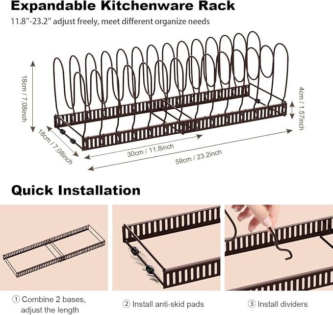 Housolution Pot and Pan Lid Organizer Holder Storage Rack, Bronze | 12"-23" Expandable, 14 Adjustable Dividers, Sturdy Metal Construction, Easy Assembly - Image 5