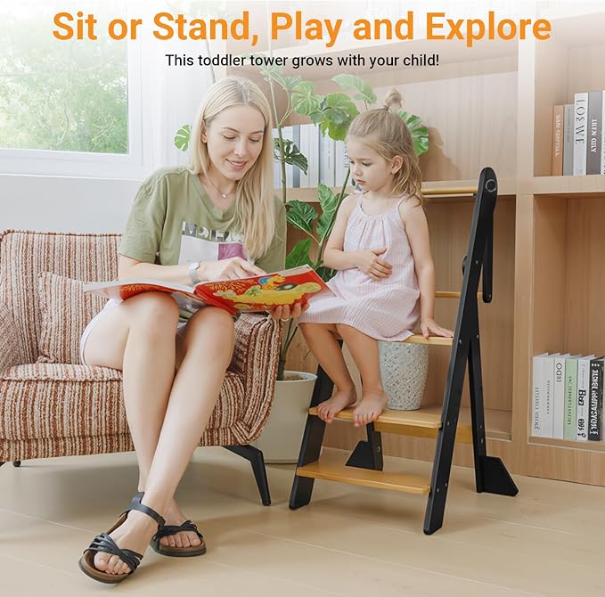 COSYLAND Foldable Toddler Kitchen Stool Helper - Height Adjustable Standing Tower for Bathroom Sink or Kitchen Counter - Step Stool for Toddlers Ages 18 Months to 6 Years Black & Natural | Folding 2-level Height Stand Tower, kids 18M-6Y, 70% pre-assemb... - Image 4