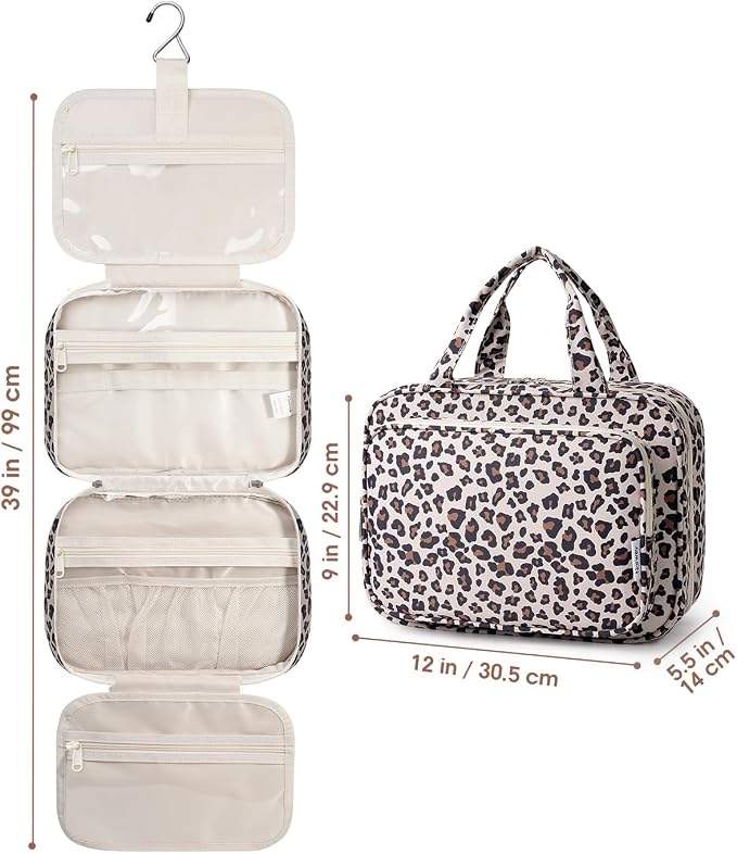 Narwey Travel Toiletry Bag for Women Large Capacity, Hanging Makeup Bag Organizer Toiletries Bag for Full Size Essentials, Accessories, Brushes, Cosmetics (Beige Leopard (Large)) - Image 8