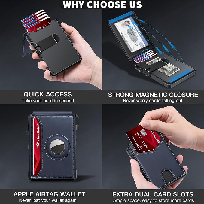 KIKVES Airtag Wallet for Men, Mens Smart Wallet for Air Tag RFID Blocking, Minimalist Bifold Pop Up Aluminum Credit Card Case Holder 12+ Cards with ID Window, Gift for Men, No Airtag Included, Navy - Image 6