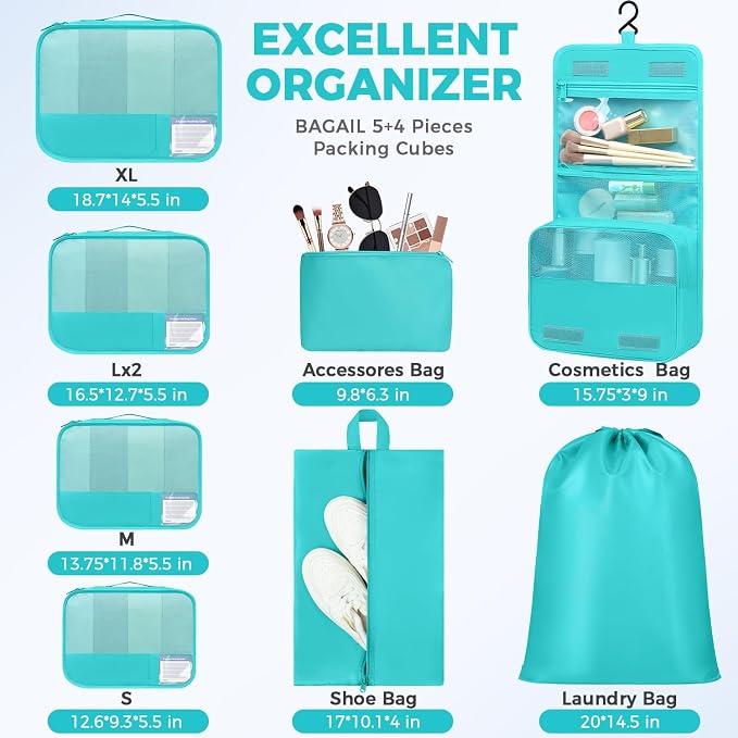 BAGAIL 9 Set Packing Cubes with Packing List Luggage Packing Organizers for Travel Accessories (Blue Green) - Image 3