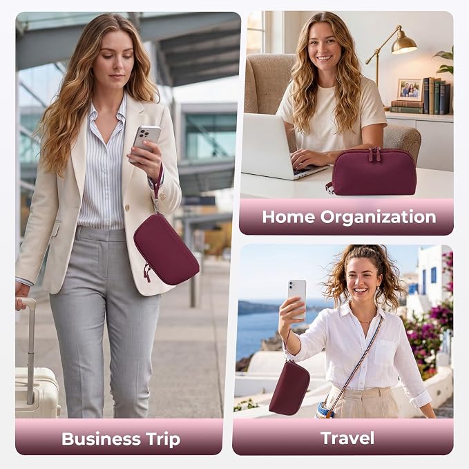 FYY Travel Cable Organizer - 8 Compartments, Lightweight, Water Repellent | With Wrist Strap, Portable Tech Pouch for Cord Charger, Travel and Business Trips Use, Soft Shell Nylon, Wine Red (Large) - Image 7