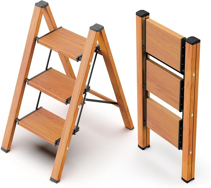 3 Step Ladder, Foldable Step Stool, 300lbs Load, Wood Grain | Folded 36''H x 3''T; Net 9 lbs; Rigid Aluminum Steps; No Assembly; For Home, Kitchen, Office, Pantry, Closets, Cabinets by WOAWOAHOME