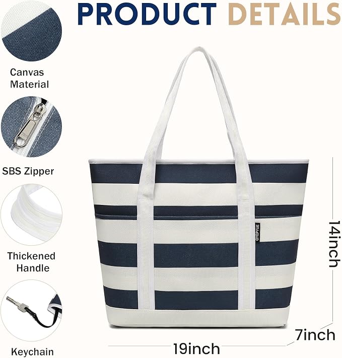 Large Canvas Tote Bag for Women, Beach Bag with Zipper, Utility Tote Bag with 3 Front Pockets, Weekender Pool Bag - Image 6