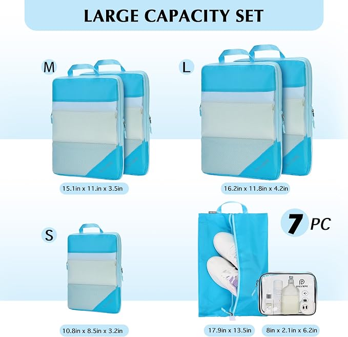 PFEYRPK Lightweight Compression Packing Cubes for Suitcases, Compressible Expandable Travel Packing Organizer with Clear Toiletries and Backpack Bag, Travel Essentials for Carry on Luggage 7 Set - Image 7