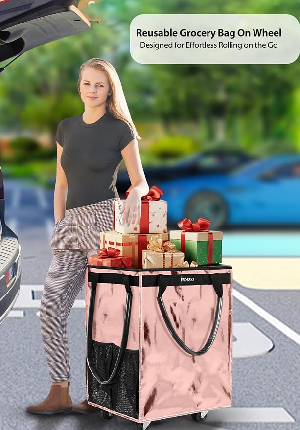 (Medium,Rose Gold) Reusable Grocery Bag on Wheels, Foldable Rolling Tote | 70L Shopping Trolley, Wide Zipper Shopping Carts for Trips, Laundry, Groceries, Camping, Storage,4 Heavy Duty Wheels - Image 2