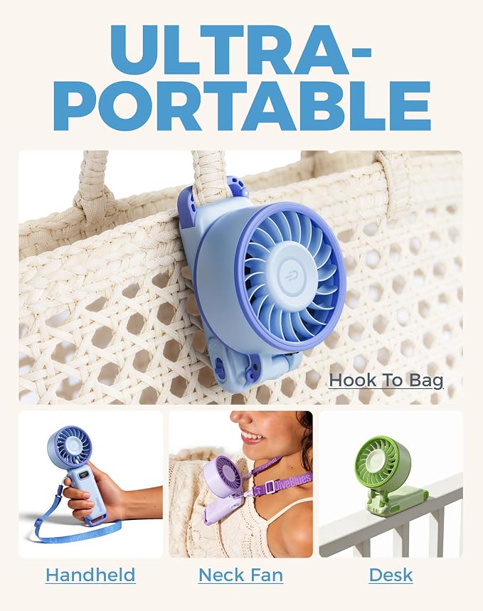 Diveblues Portable Turbo Fan, 100 Speed Handheld Fan with Strong Airflow, Foldable 4 in 1 Personal Fan for Neck, Desk & Travel, USB-C Rechargeable, Lightweight for Summer, Concerts & Outdoor Use - Image 6