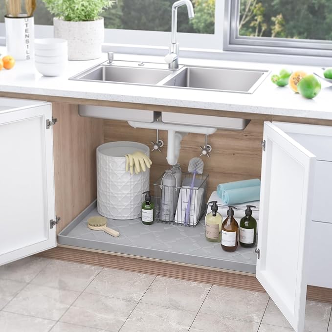 Waterproof Under Sink Mat 25" x 22" Silicone Mat Cabinet Protector | Heavy Duty Kitchen Cabinet Liner, Easy Press Drain, Home Essentials for Pet Feeding, Boots, Bathroom, Organizers & Storage - Image 2