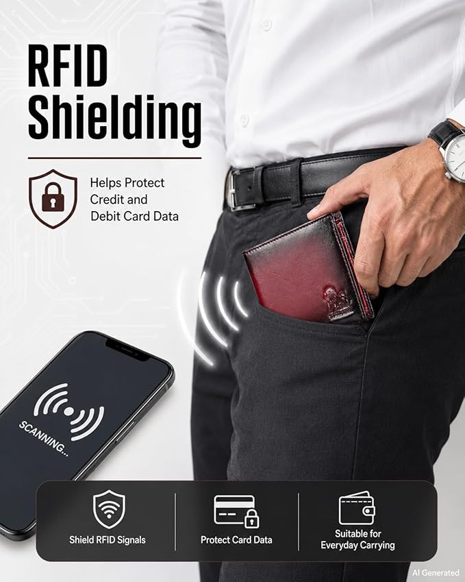 Men's Cowhide Leather RFID Wallet, Slim Bifold (Red) | 2 Clear ID Windows, 10 Card Slots, Zipper Coin Pocket, Gradient Finish for Business, Travel, Daily Carry and Gifts - Image 2