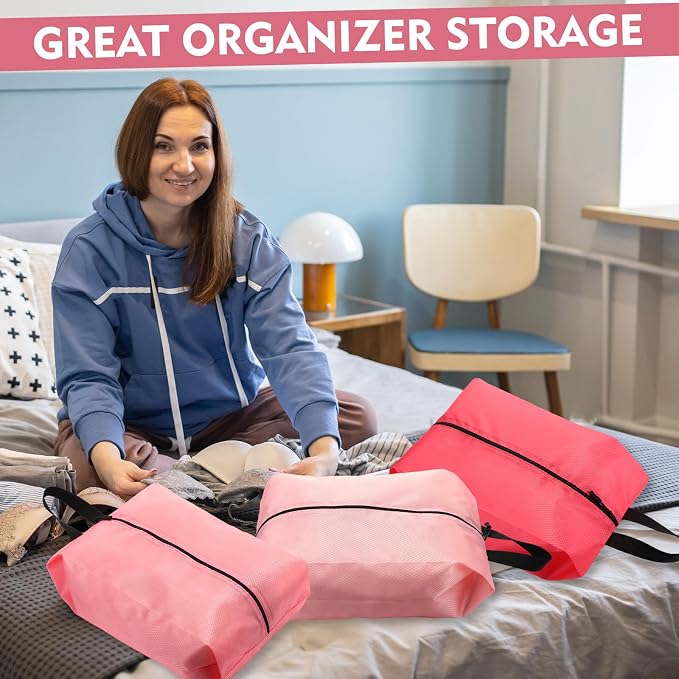 6 Pcs Travel Shoe Bags with Zipper Nylon Portable Waterproof Suitcase Shoe Organizer Packing for Golf(L,Pink) - Image 5