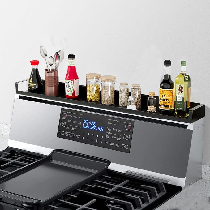 SZJHXIN 4X Strong Magnetic Stove Top Shelf, Adjustable 15-30 Inches | Fits Various Stove Lengths, Kitchen Organizer, Holds Spices, Condiments and BBQ Sauces (Matte Black) by SZJHXIN