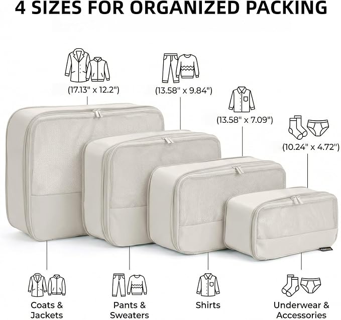 4 Piece Compression Packing Cubes for 3–7 Day Travel, Off White | Wrinkle-Resistant Memory Fabric, Breathable Mesh Panel, Double-Zipper, Small to Large Size Bag, Smart Organization - Image 3