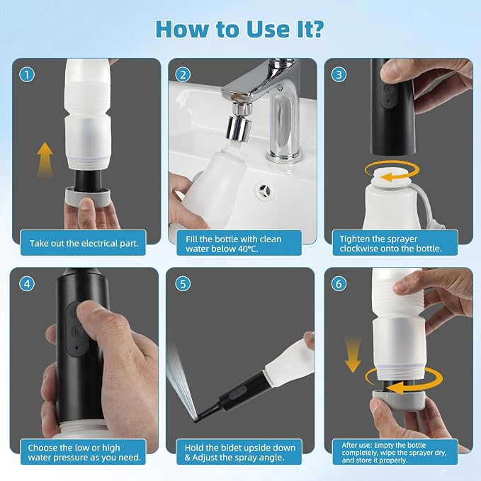 Hibbent Portable Bidet for Travel, High Pressure Electric Handheld Bidet Sprayer, 350-550ML Expandable Bottle for Personal Hygiene, USB-C Rechargeable Waterproof, Travel Sprayer for Women & Men, Black - Image 8