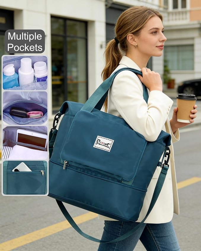 Foldable Travel Duffel Bag for Women, Peacock Blue | 40L Expandable Water-Resistant Carry on Bag, Personal Item Travel Bag Flight Approved with Wet Pocket for Gym Travel, Nylon - Image 3