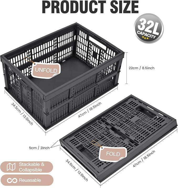 HUUSMOT 2-Pack Collapsible Plastic Storage Baskets, Dark Grey, 19"x13"x9" | Pastel, Space-Saving, Collapsible Plastic Bins, Cute Mini Storage Crates, for Classroom, Kitchen, Office, Bedroom - Image 3