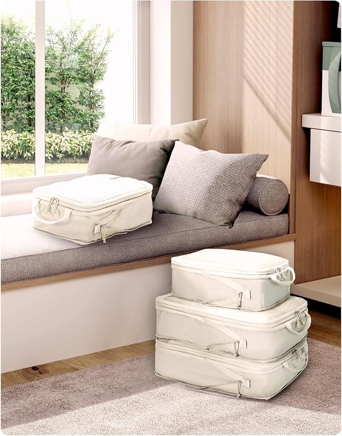 ECOHUB 4 Set Compression Packing Cubes for Travel Essentials, Suitcases Organizer Bags with Tag, Travel Bags Organizer for Luggage, Beige-Compress - Image 9