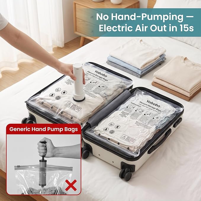 Vacuum Seal Bags for Clothing: Stay Sealed During Travel | Double Zip Seal One-Way Valve - 9-Pack Large Reusable Travel Vacuum Bags with Electric Pump - Strong Suction Air Out in 15s - Image 3