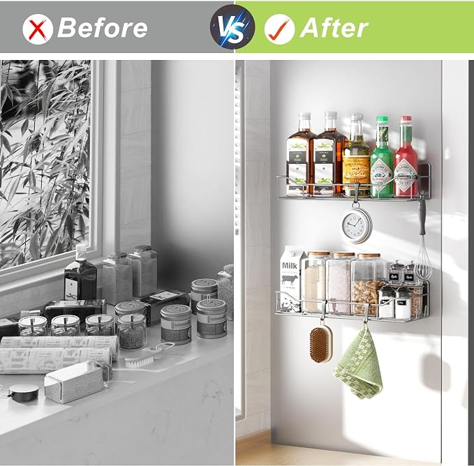 Magnetic Spice Rack for Refrigerator, 2 Pack Strong Magnet Spice Organizer Shelves with Hooks, Magnetic Fridge Shelf for Kitchen Organization and Storage, Seasoning Organizer Gadgets (Grey) - Image 5