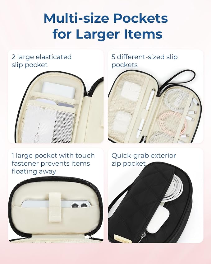 BAGSMART Travel Cord Organizer Electronics Case, Double Layers Puffer Cable Organizer Bag Travel Essentials for Women, Tech Organizer Case for Charger, Phone, Flash Drive - Black - Image 3