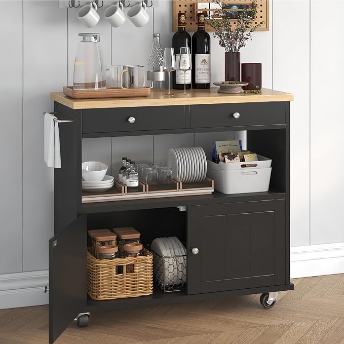 knoworld Rolling Kitchen Island with Storage Cabinet, 35.4'' Width Kitchen Cart, 2 Drawers Island Table, Portable Mobile Kitchen Island with Towel Rack, Wood Top and Lockable Wheels, Black - Image 2