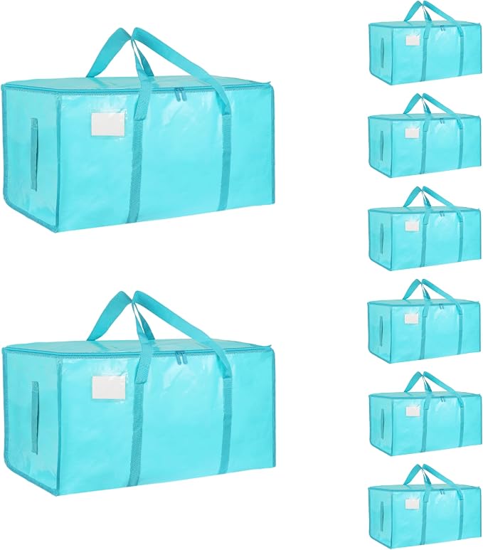8 Pack-Extra Large Heavy Duty Moving Bags - Waterproof Storage Totes with Handles & Zippers, Foldable for College Dorm, Storage (lake blue) by Unknown