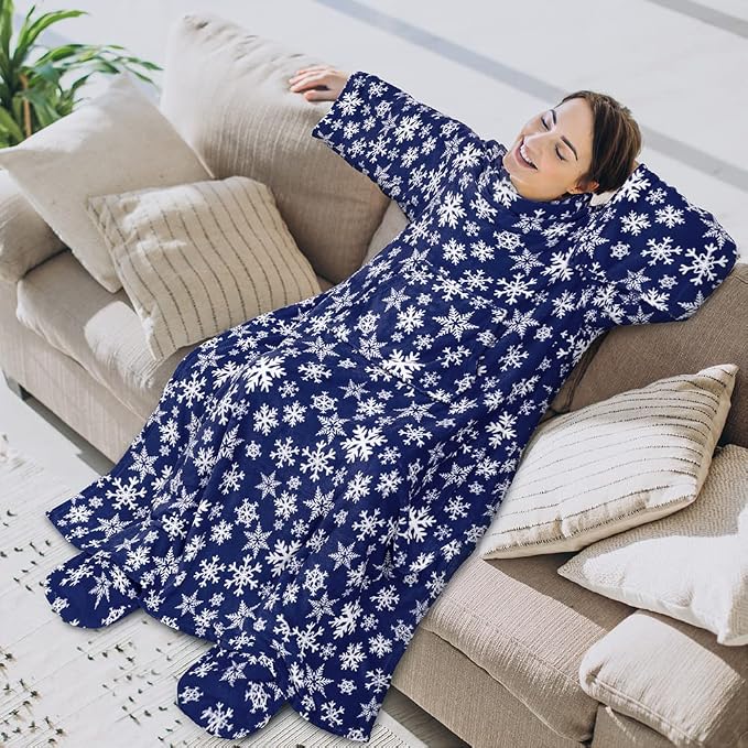 PAVILIA Fleece Blanket with Sleeves, Foot Pockets for Women Men Adults, Plush Wearable Blanket Throw Wrap, Warm Snuggle Blanket Robe, Cozy Gift Ideas Wife Mom, Snowflake Blue - Image 3