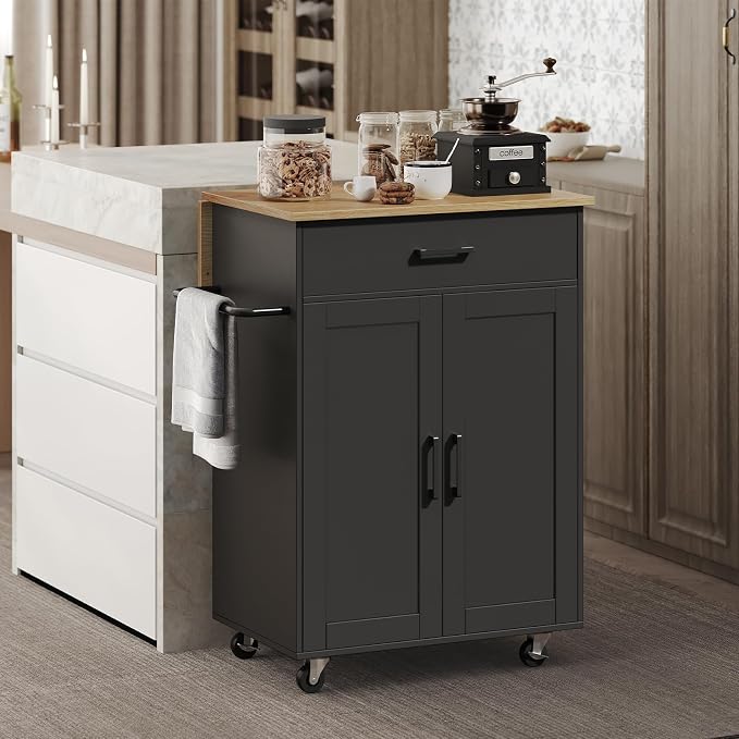 MAHANCRIS Kitchen Island on Wheels with Drop Leaf, Folding Countertop Kitchen Island Cart, Kitchen Islands Table with Towel Rack, Drawer, for Kitchen, Dining Room, Black and Natural KINB12501 - Image 8