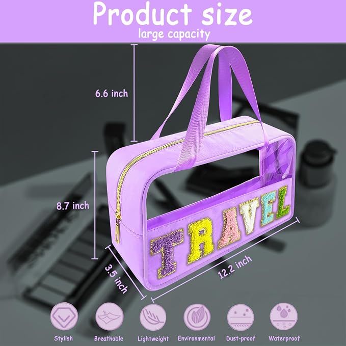 Bunliuys Chenille Letter Clear Makeup Bag Travel Patch, Travel Toiletry Makeup Bag with Handle, Nylon Waterproof Makeup Bags clear cosmetic bag, preppy patch makeup bag for Women (TRAVEL-Violet) - Image 2