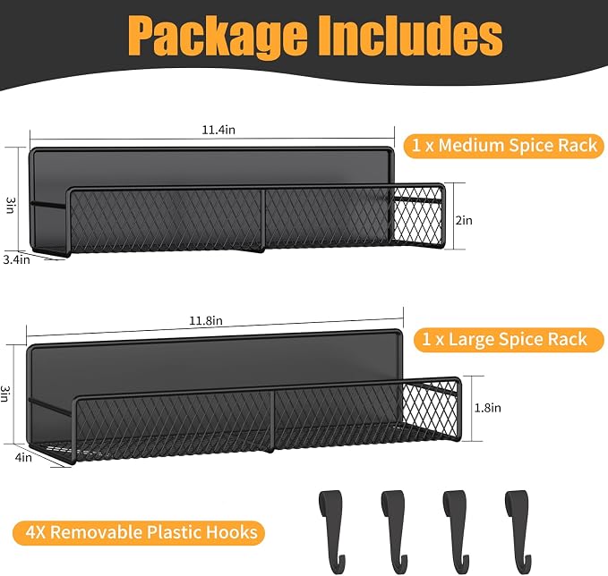 Magnetic Spice Rack for Refrigerator, 2 Pack Metal Magnetic Shelf Black, Moveable Spice Organizer with Hooks, Super Magnetic Fridge Shelf for Kitchen Organization and Storage - Image 2