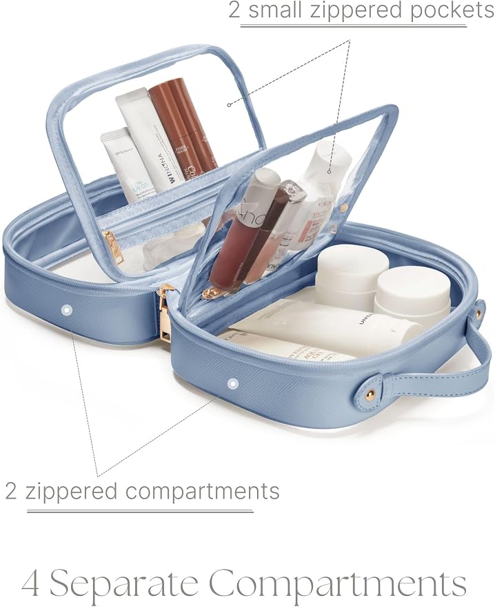Clear Cosmetic Bag Double Layer Travel Toiletry Bag Clear Makeup Bag Case with 4 Compartments, Transparent Travel Bag for Toiletries, Large Toiletry Bag for Women Cosmetic Case (Dusty Blue, Small) - Image 3