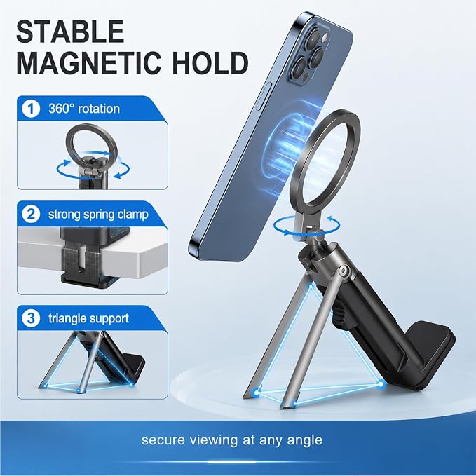 Travel Phone Holder 360 Magnetic Stand | For Airplane Desk Office Gym, Foldable Metal Stand with 40 N55 Magnets, Military Grade Dual Spring Clamp for Turbulence - Image 5