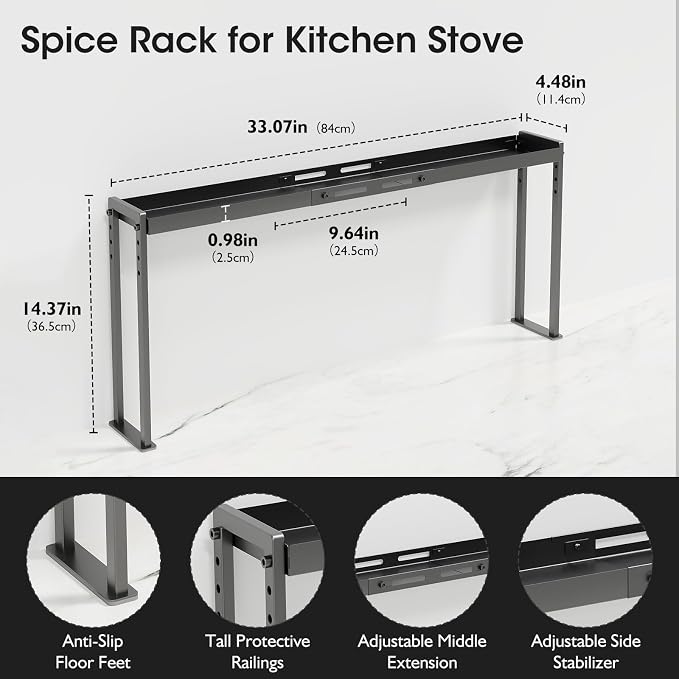 Bumusty Adjustable Stove Top Shelf, 4-Level Spice Rack, Black | Adjustable width and height use vertical space to keep spices organized above stoves or on kitchen counters - Image 2