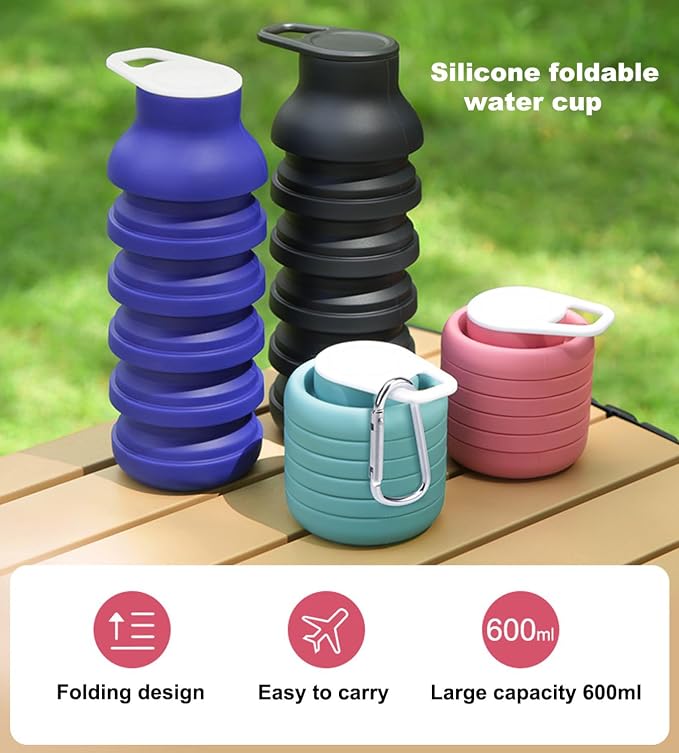 Collapsible Silicone Water Bottle 20oz - Foldable Travel Bottle Leakproof, BPA Free, Space Saving for Gym, Hiking & Travel, Dishwasher Safe(Includes carabiner and cleaning brush),dark blue - Image 6