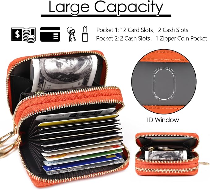 imeetu RFID Credit Card Holder, Small Card Wallet Women, Leather Card Case | Genuine Leather Women's Card & id Cases, Change Coin Purse with Zipper Keychain id Window, 20 Colors & 3 Styles, Daily, Gifts - Image 4