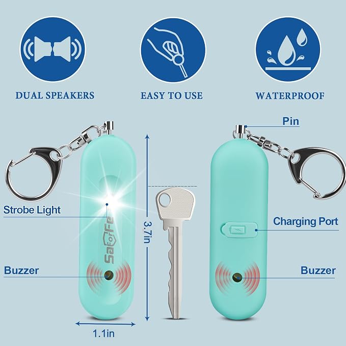 Personal Safety Alarm - Waterproof Rechargeable Security Alarm - 140dB Extra Loud Siren & Strobe Light - Self Defense Keychain - Gift for Women, Teenagers, College Girls, Seniors (Aqua) - Image 3