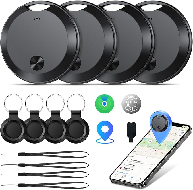 Air Tracker Tags-4 Pack: Smart Bluetooth Tracker, Item Finder Works with Apple Find My (iOS Only) App, Trakcer Tag Locator for Keys, Luggage, Satchel, weTag mini. (Not for Android Devices) by aowoka