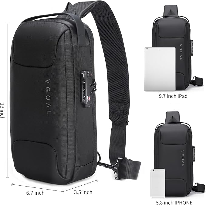 VGOAL Anti Theft Crossbody Bag for Men Sling Backpack Chest Shoulder Bag | Waterproof,Combination Lock,USB Charge Port,Portable,Minimalist,13*6.7*3.5Inch,Fit 9.7" IPad,Business,Travel,Cycling,Hiking - Image 3