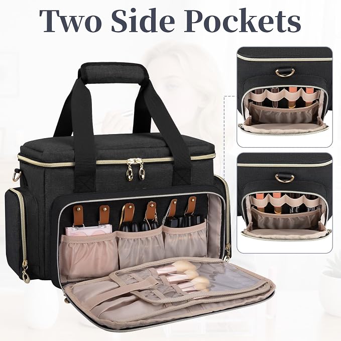 GDNasist Large Makeup Bag, Portable Travel Makeup Bag Organizer | Cosmetic Travel Bag for Women Girls with 2 Removable Pouches & Detachable Dividers, Toiletry Bag for Makeup and Hair Supplies - Image 9