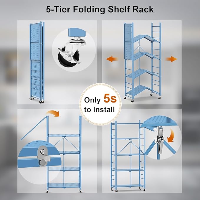 Himix 5-Tier Foldable Storage Shelves with 20 Hooks Wheels Garage Blue | Folding Standing Shelving, Metal collapsible organization, Wire shelf, No assembly, Home, Kitchen, Greenhouse, Holds 440 Ibs - Image 6