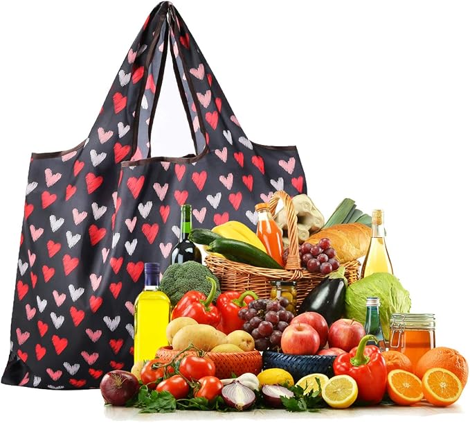 Reusable Grocery Bag, 2 Packs Large Washable | Foldable Eco Friendly Nylon Heavy Duty Fits in Pocket Shopping Tote Bag (Heart) - Image 6