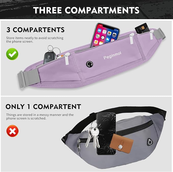 Slim Running Belt Fanny Pack, Waist Pack Bag for Women Men, Running Pouch for Phone Waterproof Reflective with 3 Pouches, Running Phone Holder for Sports, Traveling (Purple) - Image 3