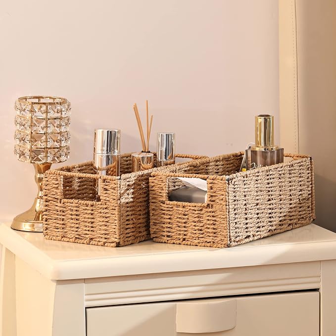 Wicker Storage Basket, Set of 2 Hand-Woven Paper Rope Wicker Basket, Small Storage Baskets for Organizing Toilet Paper, Foldable Large Cube Storage Organizer Bins for Shelves (Natural) - Image 4
