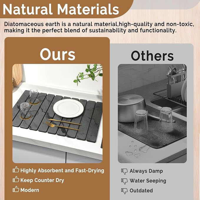 Large Stone Dish Drying Mat for Kitchen Counter, Quick Dry Stone Dishes/Bath Mats,Foldable Water Absorbing Diatomaceous Earth Drying Organizer Pad for Plate Rack Bottles Utensils(Dark Gray 24"×16") - Image 7